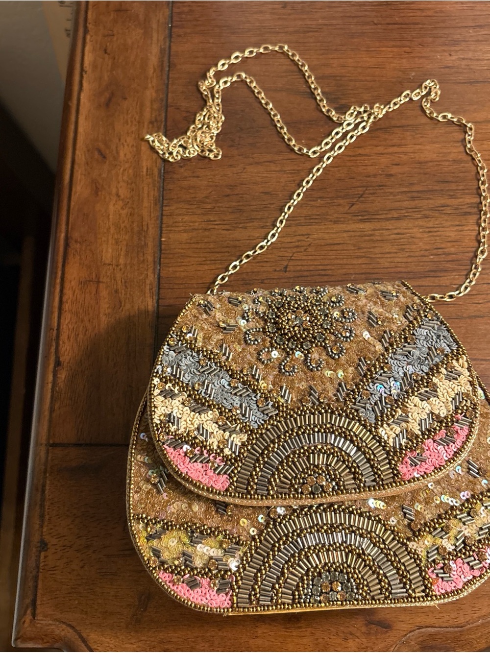 Anthropologie Beaded Sequin Crossbody Bag Art Deco Gold Pink Evening Purse